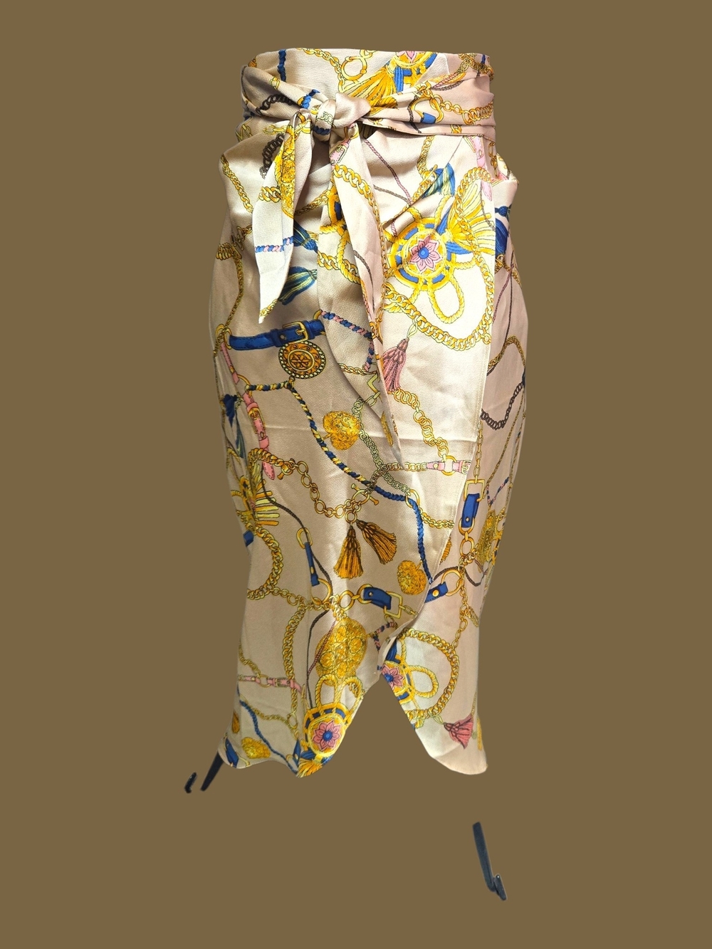 Silk-Feel Beige Chain Print Sarong Wrap Skirt
